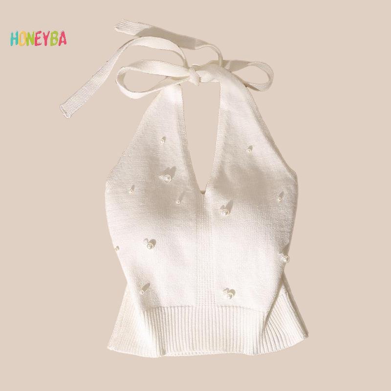 < Honeyba > Áo Vest dệt kim hở lưng đính cườm thời trang kiểu Pháp dành cho nữ
