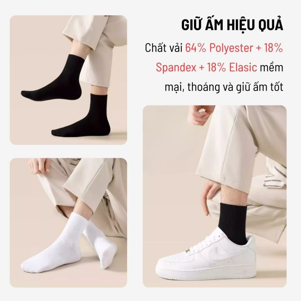 Combo 10 Đôi Tất Vớ Cổ Trung Unicare, Tất Nam Nữ Trơn Unisex Dày Dặn, Mềm Mại, Thoáng Khí