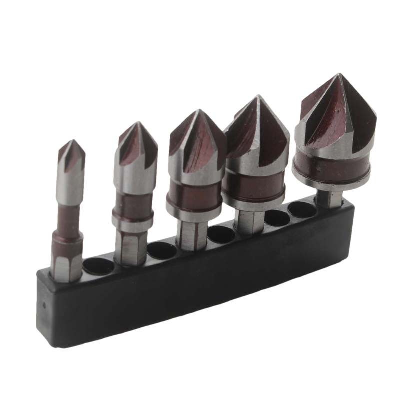 Bộ 5 món nhà máy Red 82°Hex Shank Thiết bị vát năm cánh Chamfering Knife Countersunk Khoan vít Countersunk D