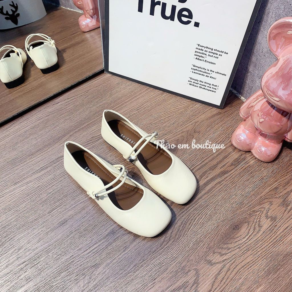 [Thảo Em - BB511] Giày búp bê marry jane nữ mũi vuông đế bệt da lì mềm 2 quai đính ngọc [Có Sẵn]