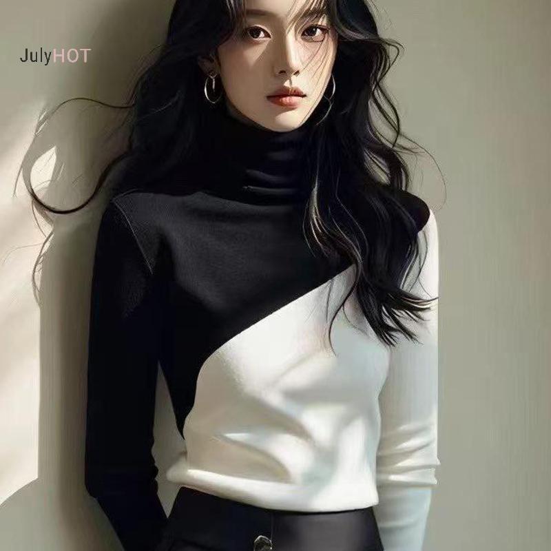 JULYHOT Áo Len Dệt Kim Mỏng Hàn Quốc Cổ Cao Màu Sắc Contrasting Cho Nữ