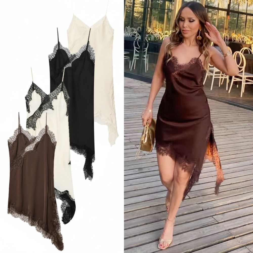 Đầm ren nữ HOBBYIN bất đối xứng satin cổ chữ V, sang trọng cho bữa tiệc