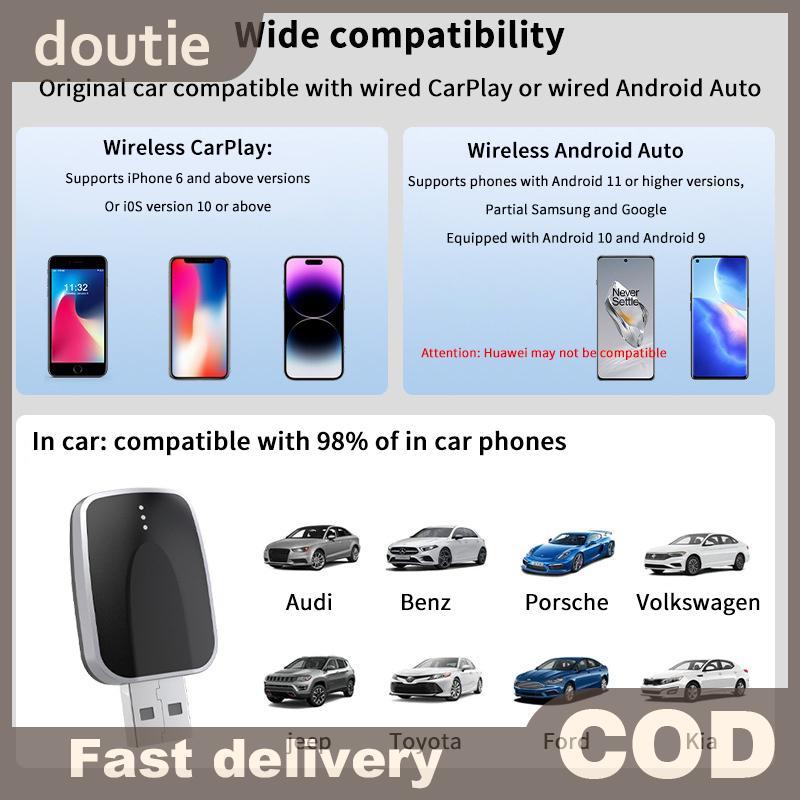 Doutie 2in1 Wireless CarPlay Android Auto Adapter AI Box Plug & Play Kết nối tự động Tương thích với 99% ô tô cho đài phát thanh ô tô VN