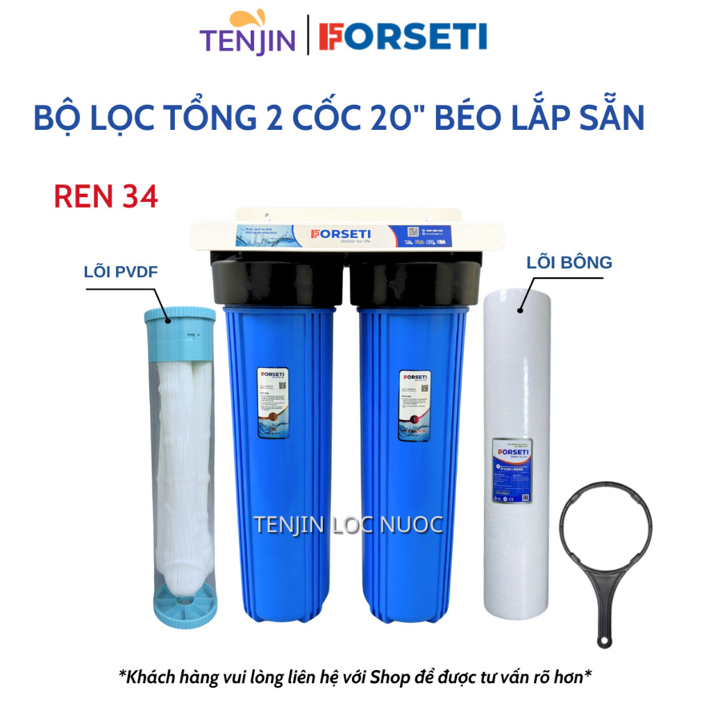 Bộ Lọc Tổng Đầu Nguồn FORSETI 2 Cốc Béo 20 Inch Kèm Giá, Gông Lăp Sẵn
