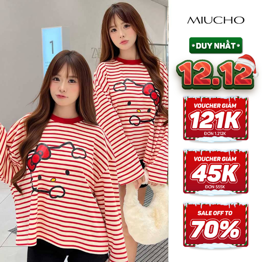 Áo thun boxy tay dài Miucho vải thun rib cao cấp thoáng mát đứng form BST Kitty kẻ sọc mix màu