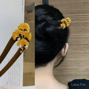 Kẹp tóc hình chữ u lá mun ginkgo, phù hợp phong cách nhẹ nhàng và trang phục sườn xám cổ điển Hanfu