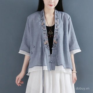 Cardigan nữ phong cách Trung Hoa vintage, vải lanh cotton pha trộn, tay áo 3/4