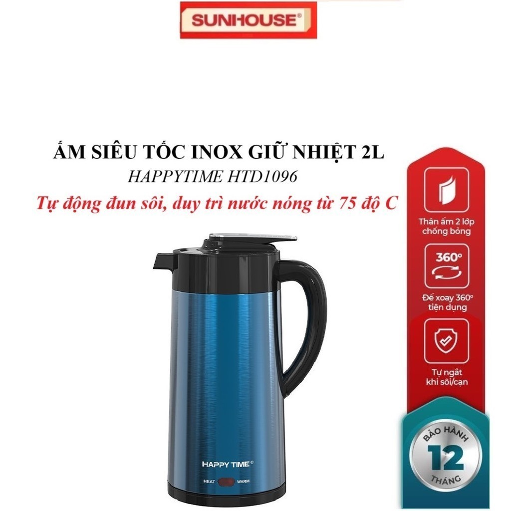 ẤM SIÊU TỐC INOX GIỮ NHIỆT 2L HAPPYTIME HTD1096, Công suất 1000 W, Thân ...