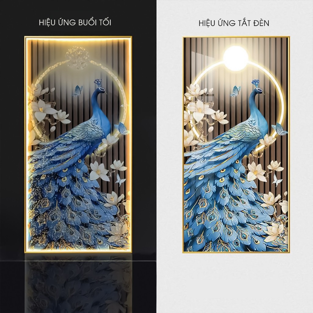 Tranh Đính Đá Pha Lê Đèn LED chim công, Cao Cấp Treo Tường, Decor Phòng Khách - Top Decor