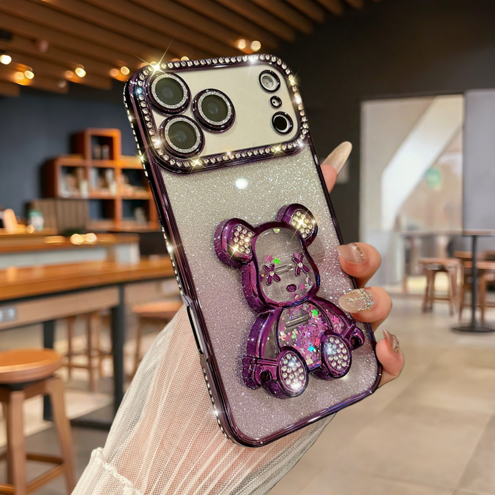 Sang Trọng Lấp Lánh Chảy Cát Gấu Giá Đỡ Ốp Lưng Điện Thoại iPhone 17 Pro Max 16 12 13 14 15 Pro Max Ống Kính Bảo Vệ Camera Vỏ Chống Sốc TPU Vỏ Mềm Điện Thoại