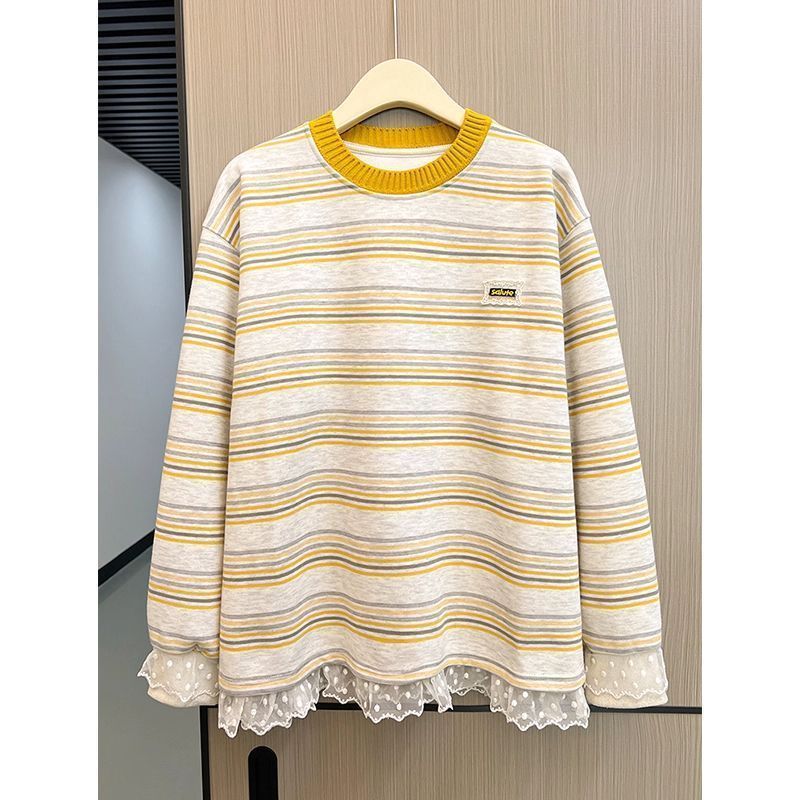 Milyfashion Áo sơ mi sọc ren thêu cổ tròn, vải mỏng, phong cách mới