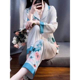 Đồ Bộ Nữ Pijama Bộ Lụa latin Tay Dài cổ sơ mi 11