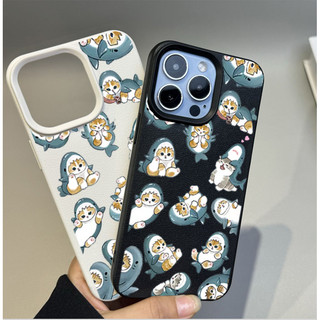 Ốp điện thoại hình mèo cá mập cát lún dễ thương cho iPhone 12 11 Pro Max X XS XR 7 8 Plus 16 17 pro Max 16E 17Air PU LeatherCartoon Soft Matte Cover