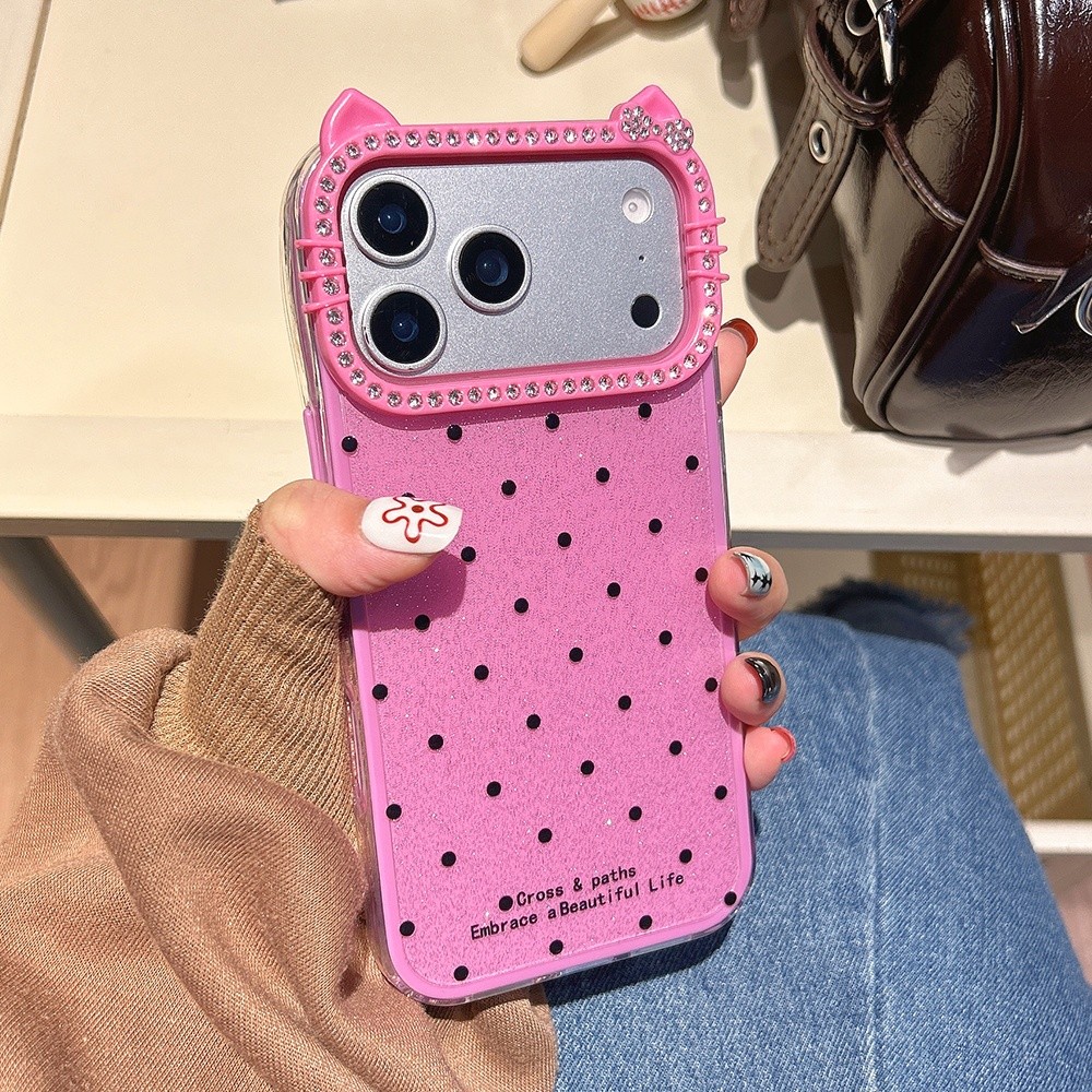 Ốp Điện Thoại Khung Mèo Kim Cương 3 Trong 1 Chấm Acrylic Cho iPhone 17 Pro Max 17 Air 16 Plus 15 14 13 12 11 Vỏ Bảo Vệ Chống Sốc