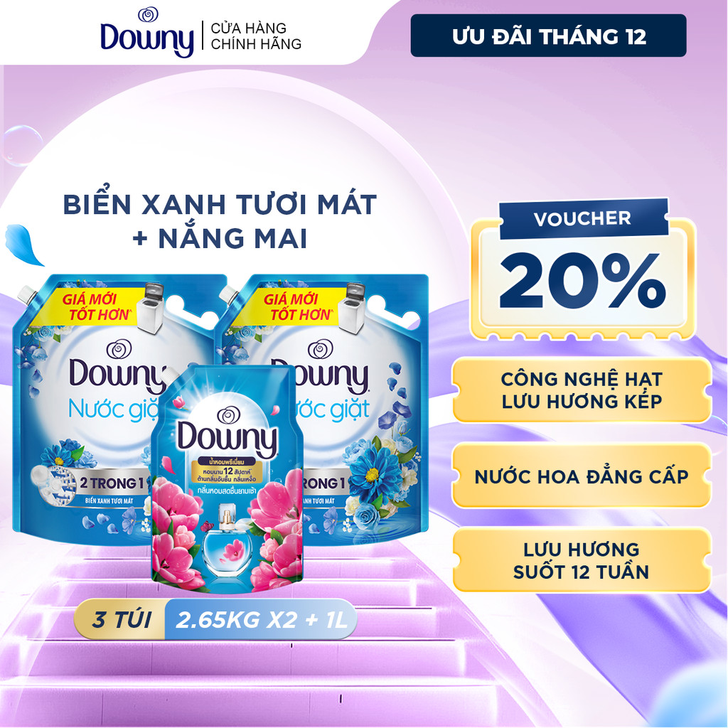 [MUA 2 ĐƯỢC 3] Mua 2 Nước giặt DOWNY túi 2.65kg Biển xanh tươi mát + 1 Nước xả vải DOWNY Túi 1L Nắng Mai
