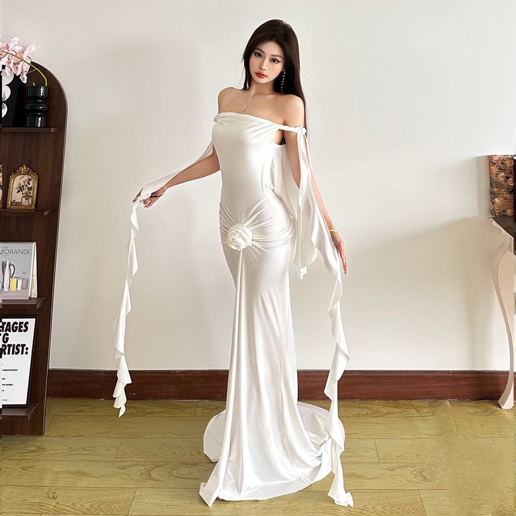 Klalien Đầm Maxi Cổ Nỉ Không Lưng Hoa Ruched 3D, Thoáng Mát Mùa Hè