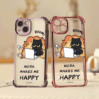 Happy Working Cat Bốn Góc Chống Rơi Lucency Ốp Lưng Điện Thoại OPPO Reno 14 13 12 11 10 Pro 14F 13F 12F 11F 5G Vỏ Bảo Vệ Ống Kính