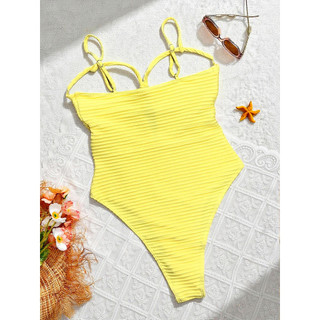 Đồ bơi nữ bandeau một mảnh sọc vàng đan dệt rỗng ra