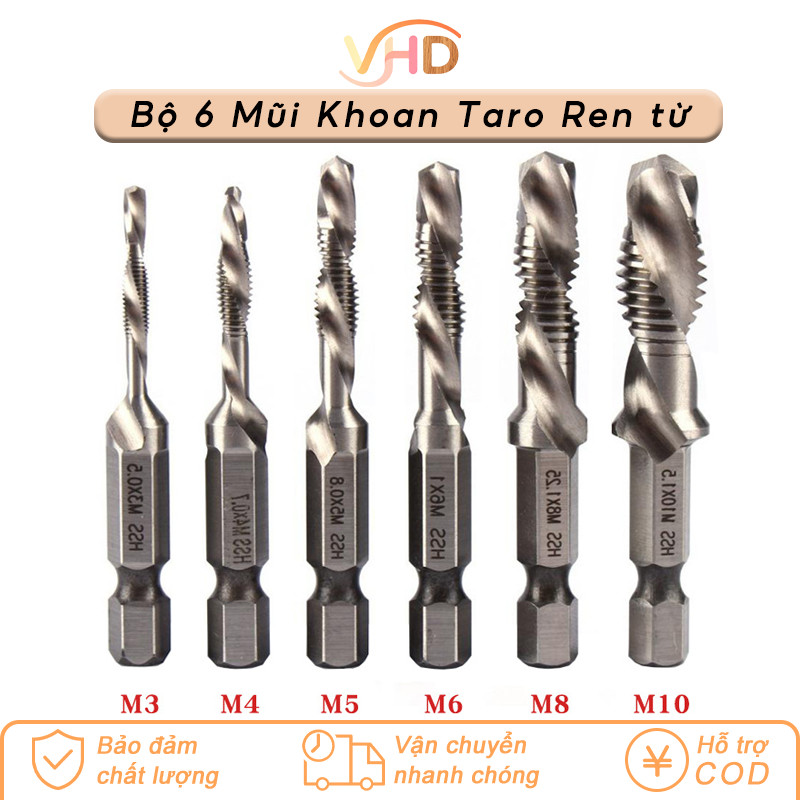 Bộ 6 Mũi Khoan Taro Ren Inox - Chuôi Lục Giác, Phủ Titan, Thép HSS Độ Cứng Cao Cho Mọi Vật Liệu