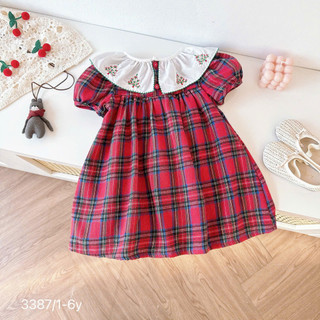 [8-26kg] Váy cộc tay Cổ Bèo Thêu Cây Thông Noel Cho Bé Gái Chất Thô Lụa
