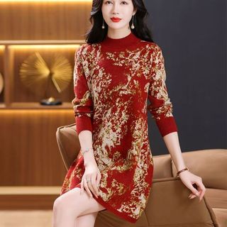 Đầm dệt kim họa tiết đỏ phong cách mới, thời trang mùa thu đông