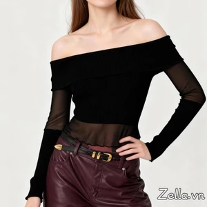 ÁoCrop Top Trễ Vai Dài Tay Slim Fit, Màu Trơn, Phù Hợp Mặc Hàng Ngày