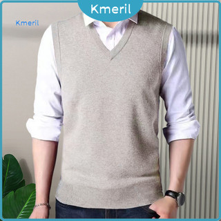 Áo len không tay dệt kim nam, vừa vặn, cổ chữ V màu trơn