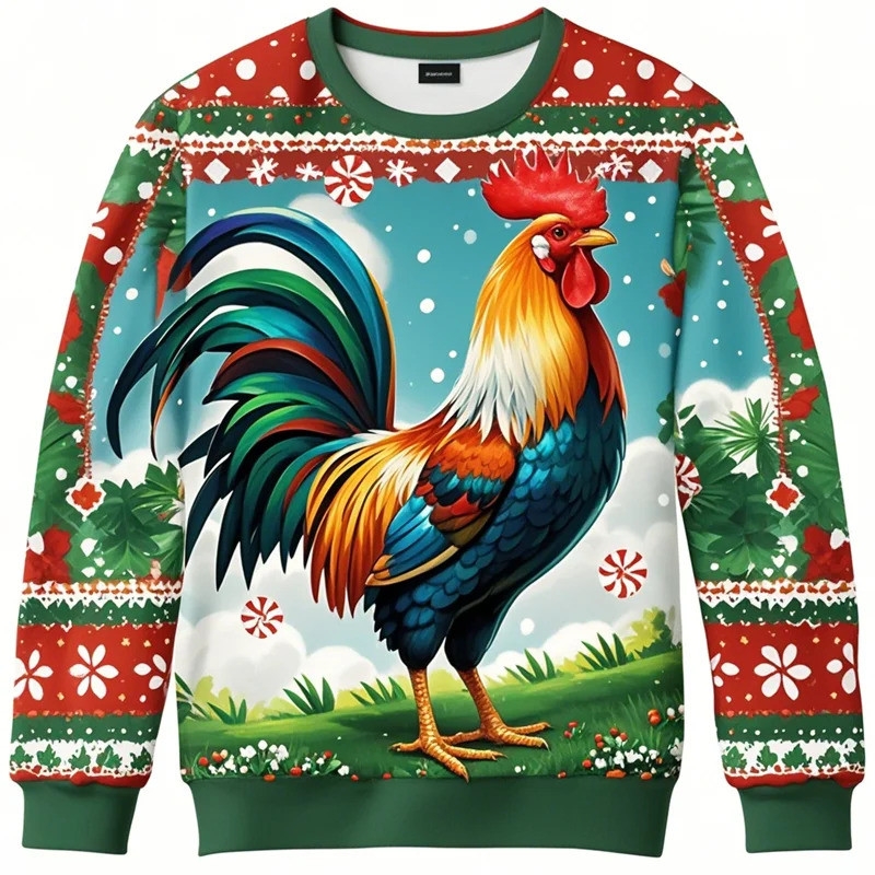 Áo thun dài tay giáng sinh với hình ảnh gà ngộ nghĩnh và ông già Noel, phù hợp cho thể thao và giải trí