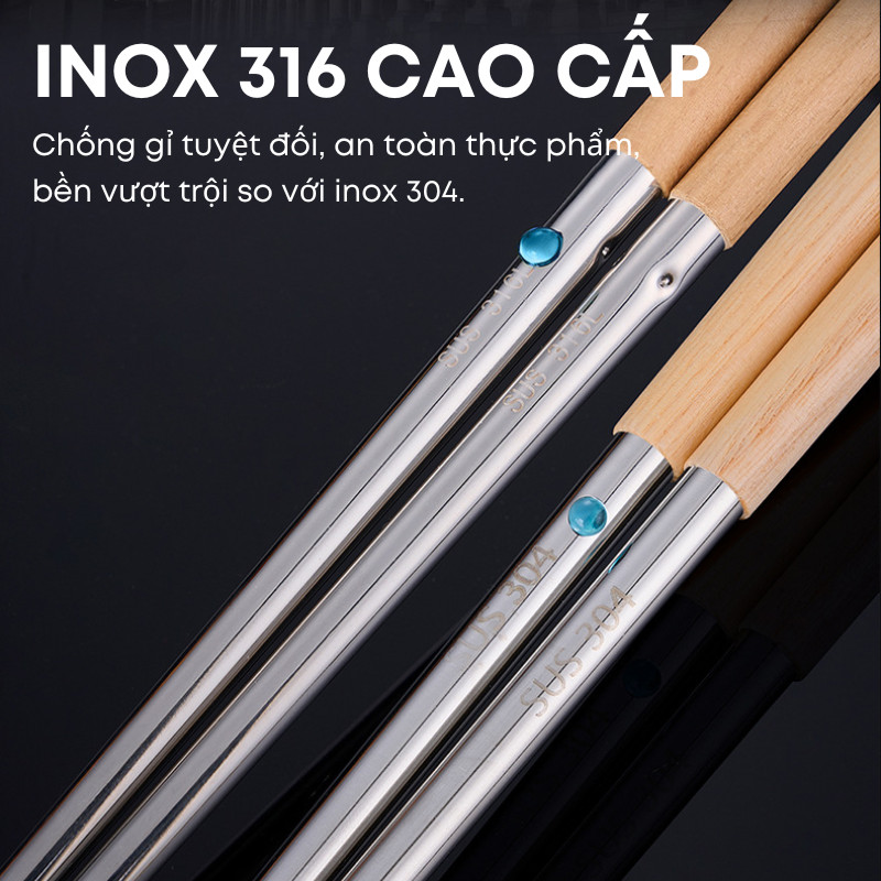 Đũa Xào Inox 316 Chất Lượng Cao – Dài 36cm, Đầu Gắp Tròn Chống Trượt – Cán Gỗ Cách Nhiệt Cao Cấp | 348