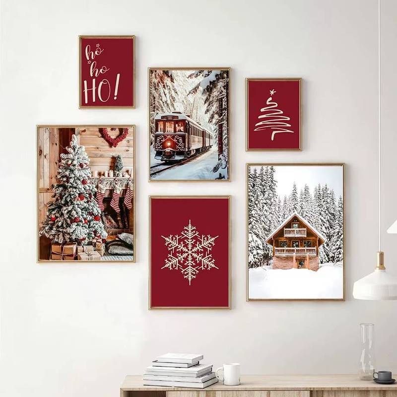 Mùa Đông Tuyết Phong Cảnh Xe Lửa Treo Tường Nghệ Thuật ChristmasTree Bông Tuyết Poster Tranh Canvas Phòng Trưng Bày Giáng Sinh Bộ Treo Tường Ngày Lễ Trang Trí Phòng