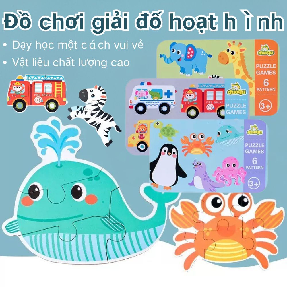 6-in-1 Puzzle Toy Kindergarten Iron Box Wood Puzzle Board Children Gift Animal Traffic