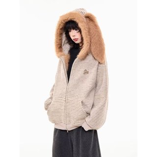 Áo khoác nam ESEA phong cách Hàn Quốc, chất liệu cotton, có mũ, họa tiết sọc, ấm áp.