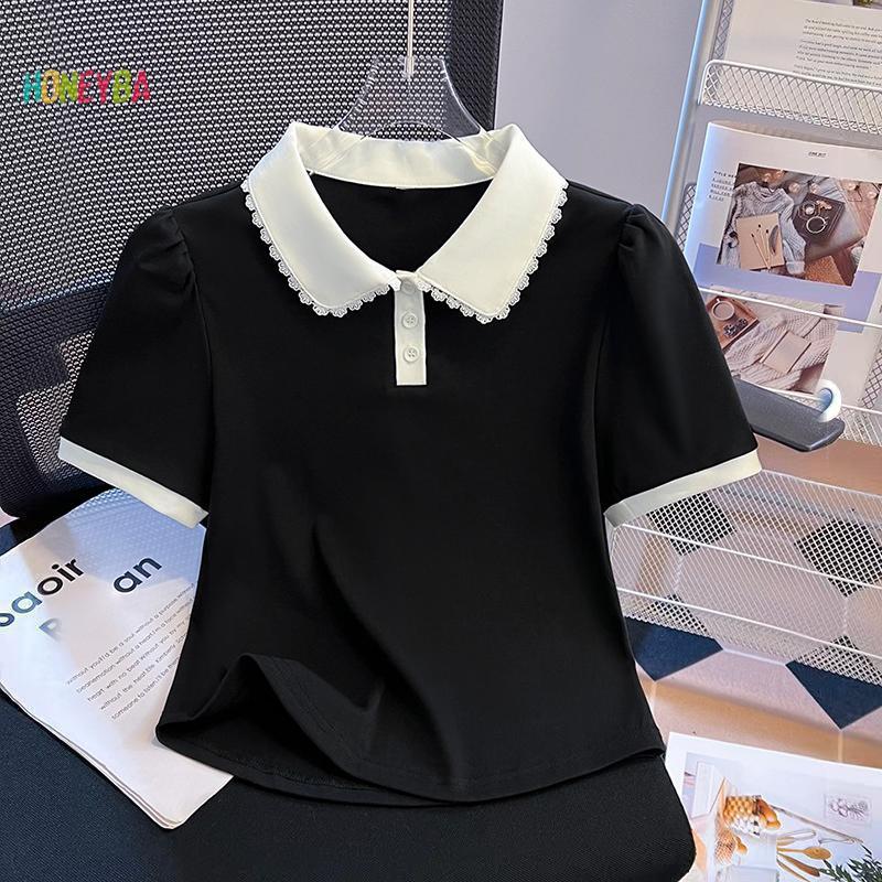 < Honeyba > Áo thun ngắn tay viền ren màu sắc tương phản Hàn Quốc dành cho nữ
