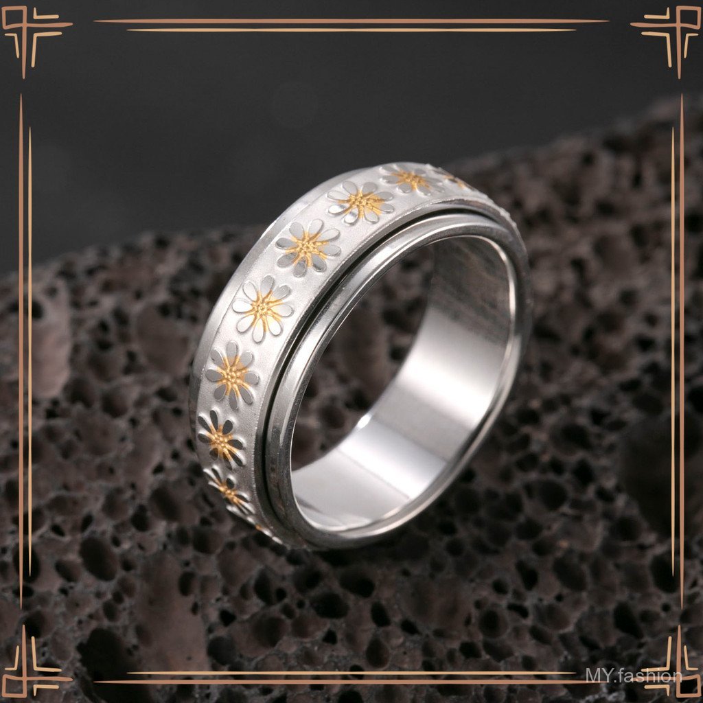 Sản phẩm mới Nhẫn thép titan [Giải nén có thể xoay hoa cúc nhỏ] Nhẫn nam ~ ~ Trang sức bằng thép không gỉ tươi thời trang