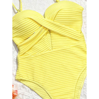 Đồ bơi nữ bandeau một mảnh sọc vàng đan dệt rỗng ra