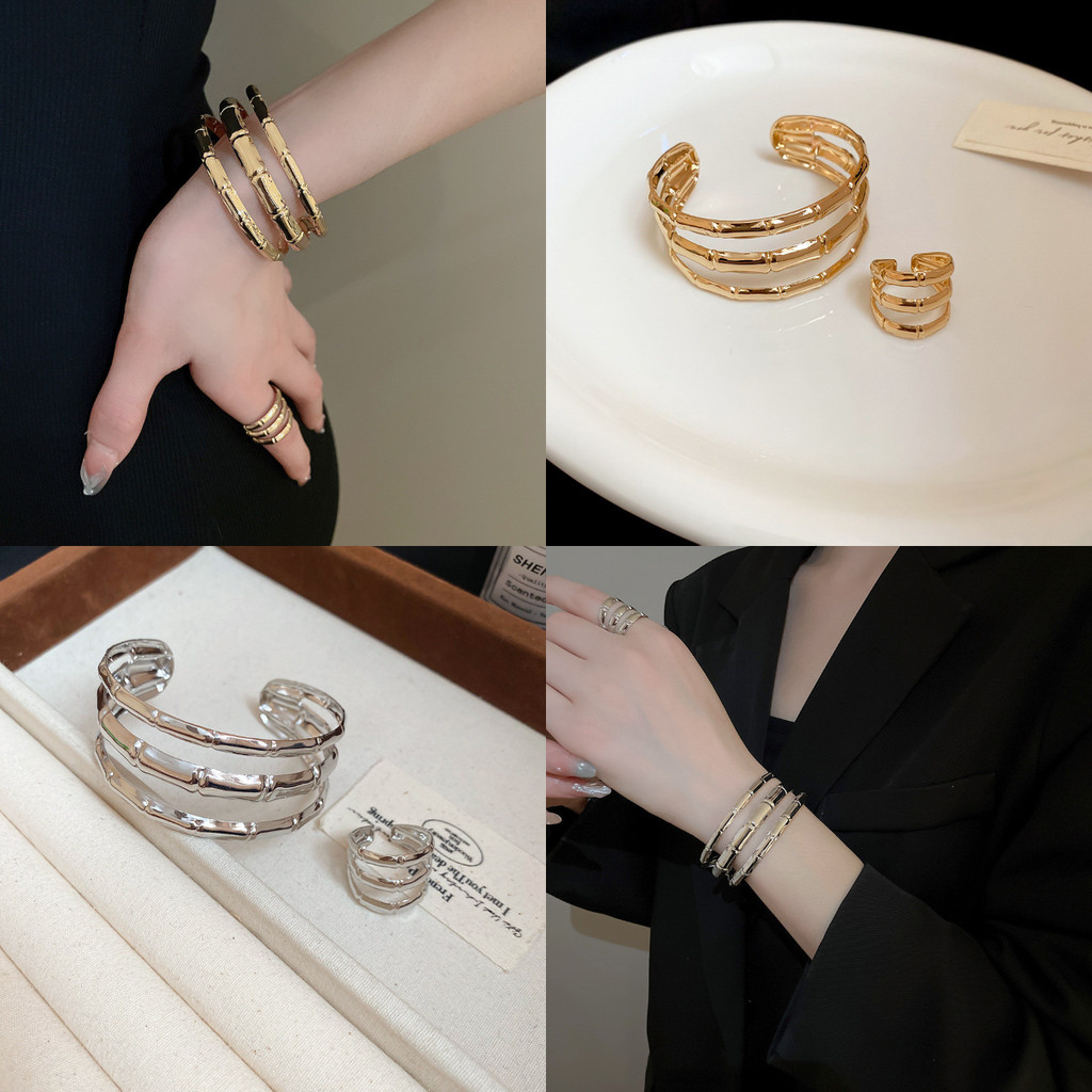 Bộ Vòng Tay Mở Ba Lớp Và Nhẫn Kim Loại Rỗng Phong Cách Thời Trang Thiết Kế Cá Tính Phụ Kiện Nữ