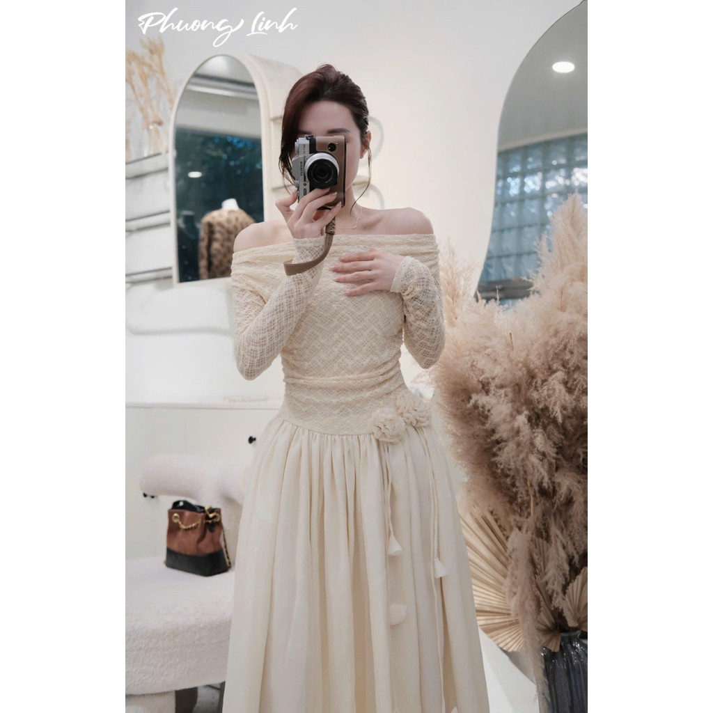 Đầm maxi ren trễ vai hoa eo dáng xoè BYJOLIE