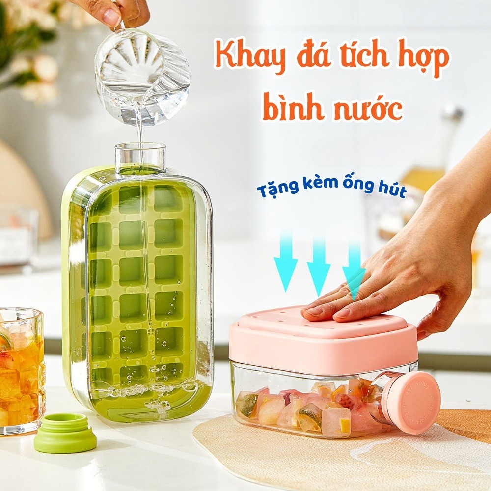 Khay Đá Tích Hợp Bình Nước 2in1 Tiện Lợi, Khay Làm Đá Kèm Bình Uống Nước Nắp Nhấn Lấy Đá Dễ Dàng - FE123