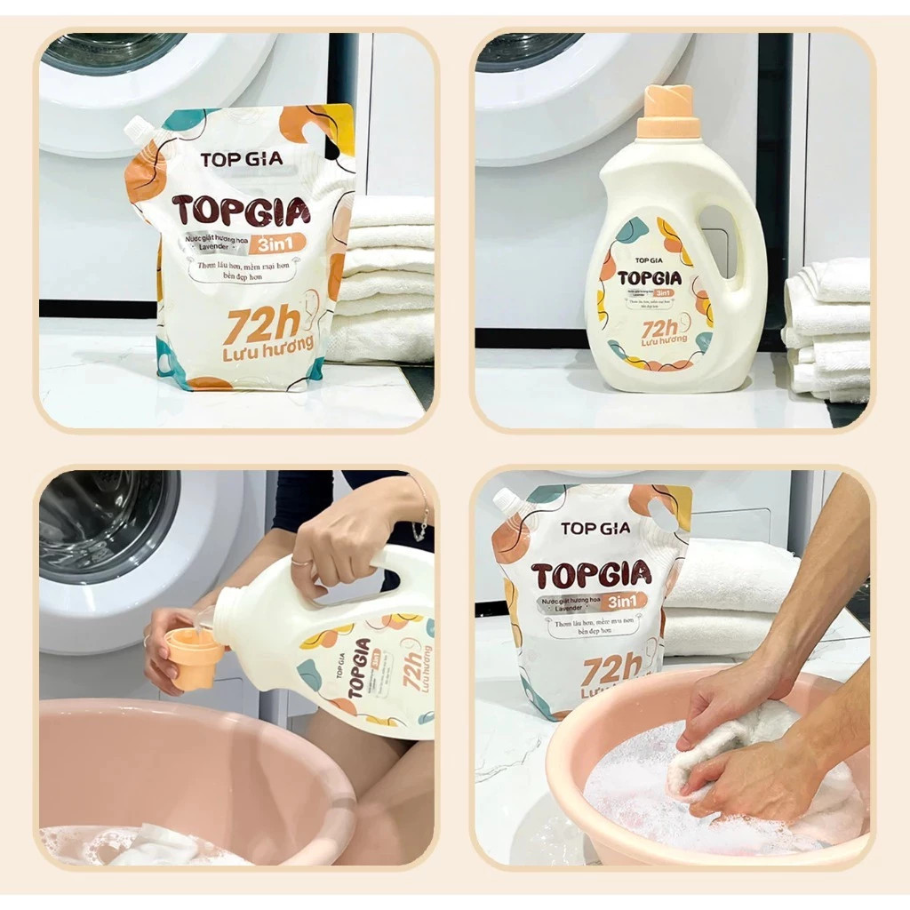 Combo 2L Tặng 2L Túi Nước giặt xả Top Gia Đa SẮc hương Lavender dịu nhẹ, làm sạch sâu, lưu hương 72h. TOP GIA