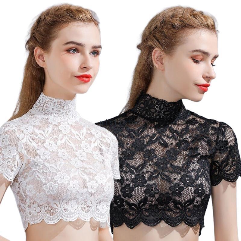 MIS Nữ Cổ Cao Cổ Có Thể Tháo Rời Cổ Hoa Thanh Lịch Ren Tay Ngắn Nửa Áo Sơ Mi Áo Chui Đầu Lót Dickey Crop