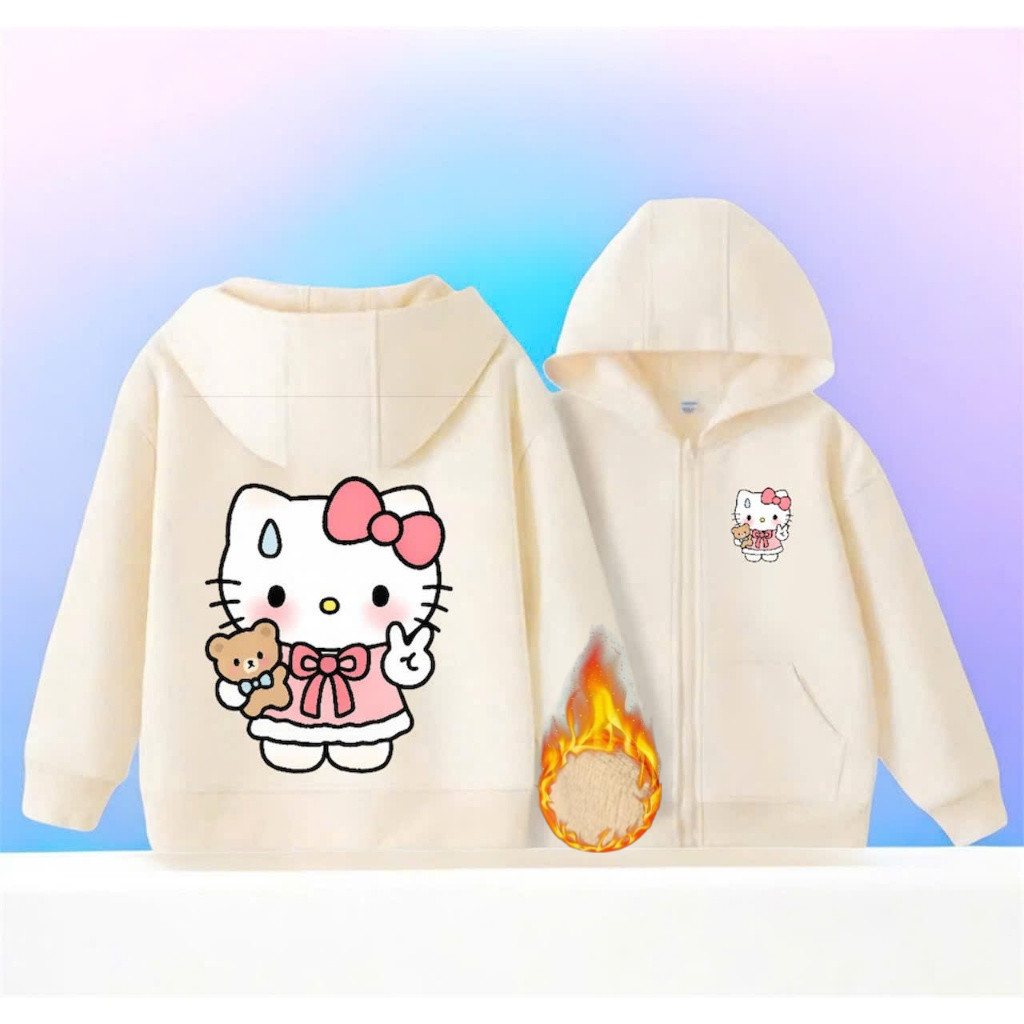 Hello Kitty Làm Dấu Hiệu Hòa Bình Trẻ Em Zip-Up Áo Khoác Lông Cừu Dài Tay Dễ Thương Cử Chỉ In Áo