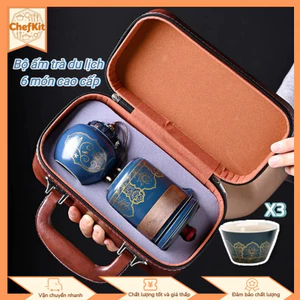 Bộ ấm trà du lịch 6 món cao cấp, chất liệu gốm sứ tráng men bóng đẹp, kèm túi da chống sốc sang trọng,quà