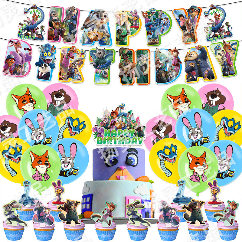 ST2 Zootopia 2 NICK JUDY GARY chủ đề trẻ em trang trí tiệc sinh nhật biểu ngữ bánh topper bóng bay TS2