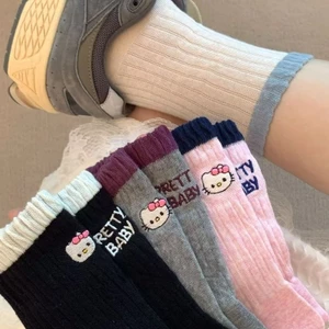 Mùa Thu Đông Giữa Ống Phong Cách Mới Mèo Cô Gái Dễ Thương Màu Sắc Tương Phản Lược Cotton Phong Cách Thêu Hoạt Hình Tất