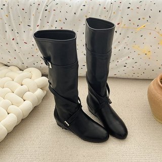 Giày bốt nữ mũi tròn nâng cao bên trong Khóa thắt lưng trượt thời trang