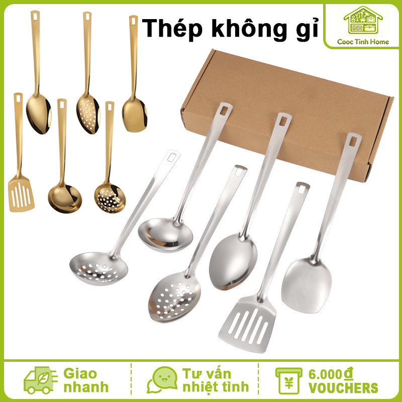 Bộ Dụng Cụ Nhà Bếp 6 Món: Vá Múc Canh, Xẻng Lật, Muôi Thủng Inox Không Gỉ – Tiện Dụng Xào, Chiên, Trộn