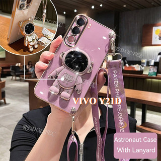 Ốp lưng VIVO Y21D 2025 Thời trang mới Vỏ điện thoại mạ điện 6D dễ thương VIVOY21D có giá đỡ phi hành gia Dây đeo chéo dài cho bé gái