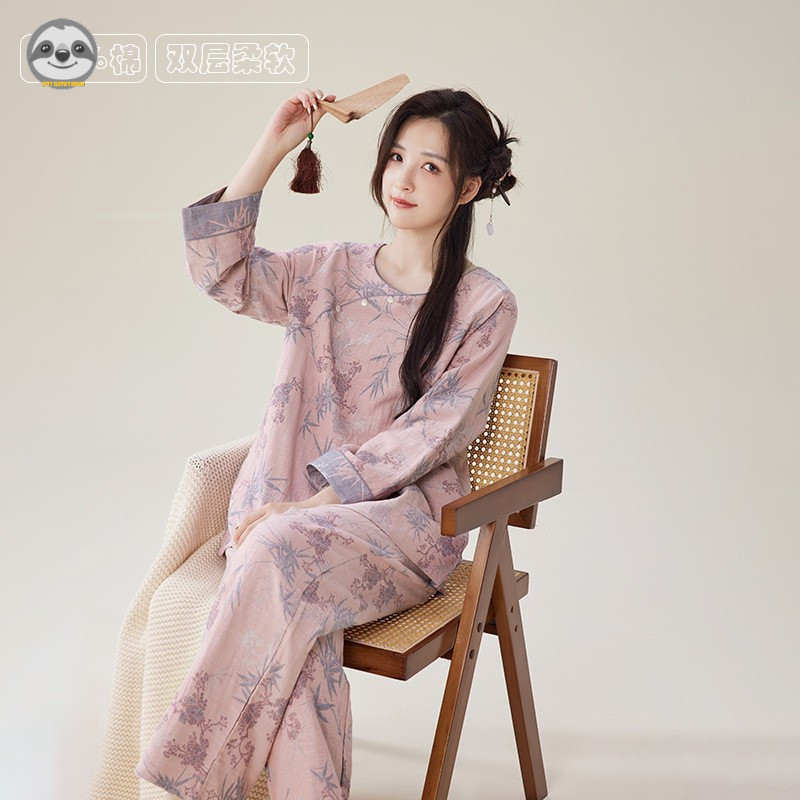 Bộ đồ ngủ Cotton nguyên chất lá tre phong cách Trung Hoa dành cho nữ / Bộ đồ ngủ cổ tròn tay ba phần tư / Quần dài đến mắt cá chân phong cách cổ xưa có thể đi chơi Loungewear / Da tự nhiên @