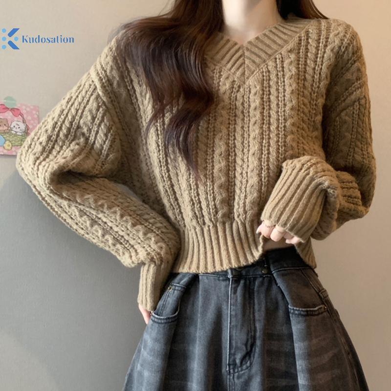 Kudosation Nữ Thời Trang Retro Cổ Chữ V Dài Tay Phù Hợp Với Áo Len Dệt Kim Ngắn Xoắn