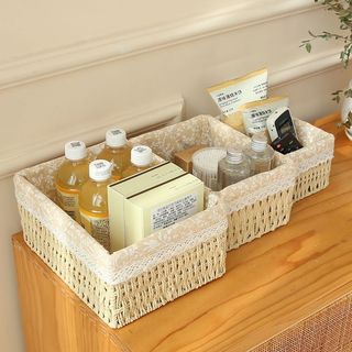 Retro Thanh Lịch Chất Liệu Tự Nhiên Ống Hút Thủ Công Vải Để Bàn Hộp Bảo Quản Thích Hợp Cho Gia Đình Phòng Khách Phòng Ngủ Mỹ Phẩm Đồ Ăn Nhẹ Đồ lặt vặt Chìa Khóa Giỏ Chứa Đồ